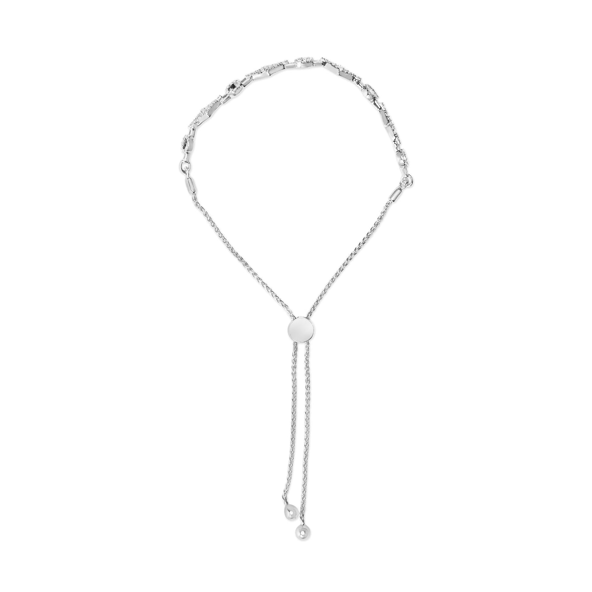 .925 Sterling Silver 1/2 Cttw Diamond Alternating Circle and Kite Link Adjustable Bolo Bracelet (I-J Color, I3 Clarity) - 4" to 10" Inches-2